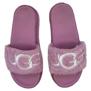 UGG Laton Shearling Fur Slides Embroidered Logo and Flat Platform Pink Size 9